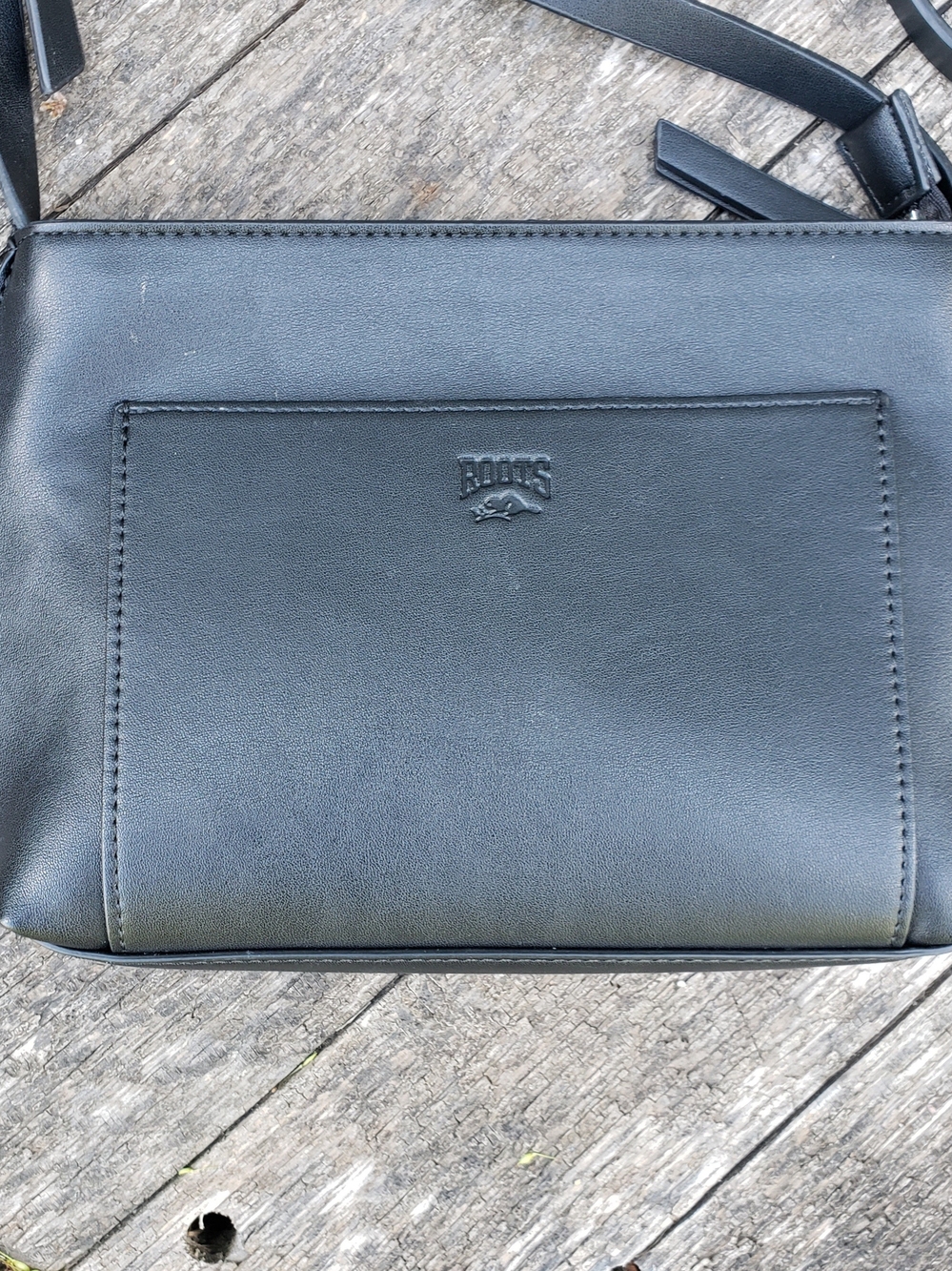 Roots Black Faux Leather Messenger Crossbody Bag